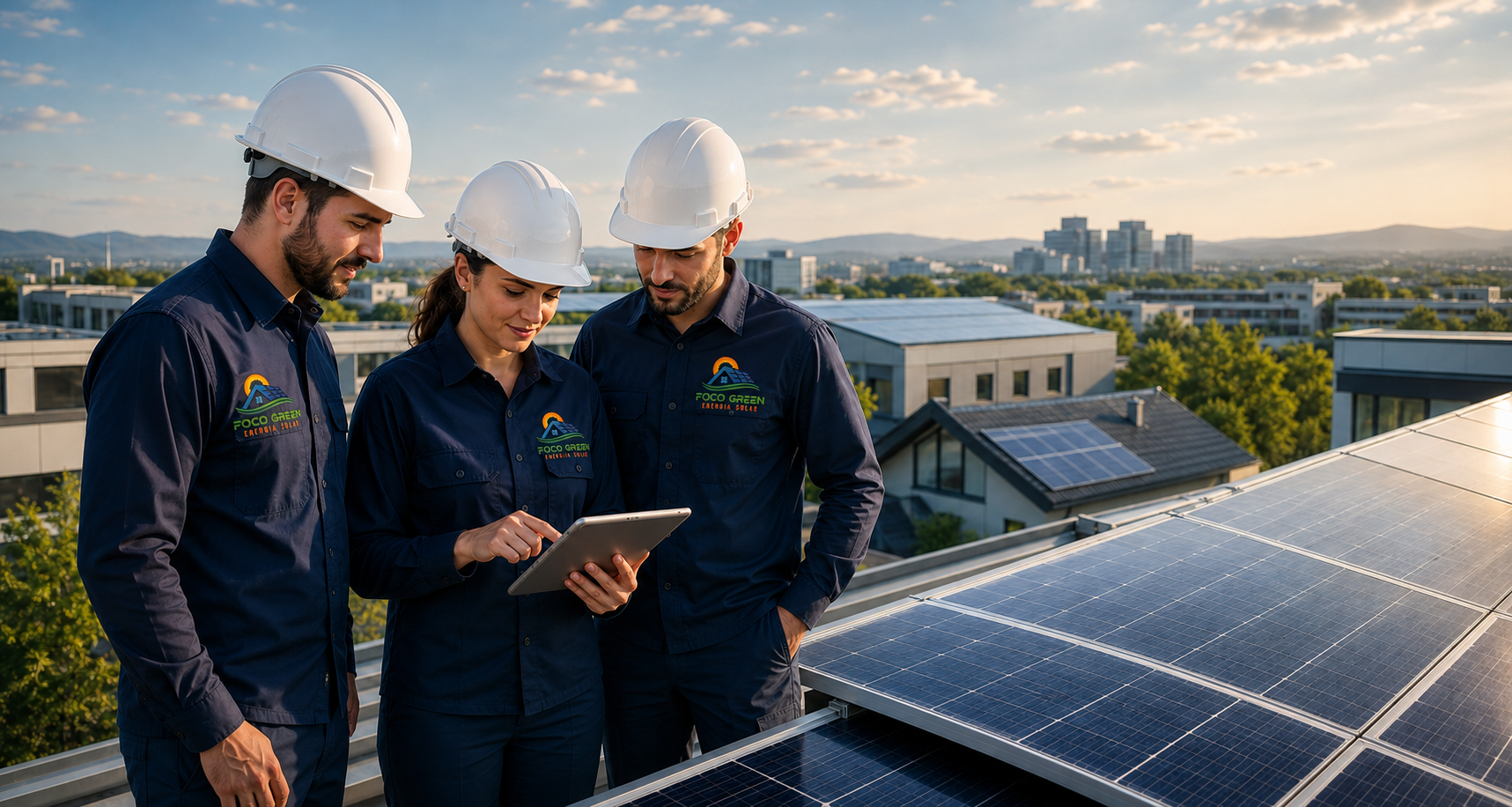 Equipe técnica da Foco Green analisando instalação solar